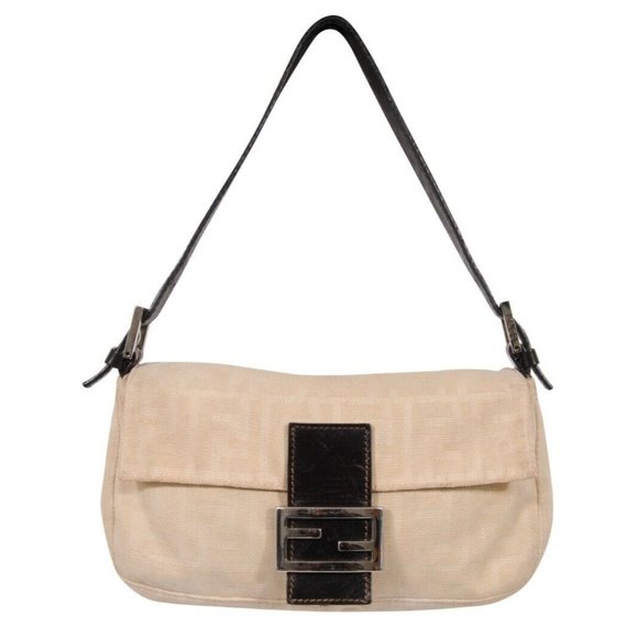 Fendi Handbags - Fendi FF Logo Vintage Zucca Baguette Flap Shoulder Bag Tan Brown Leather Strap